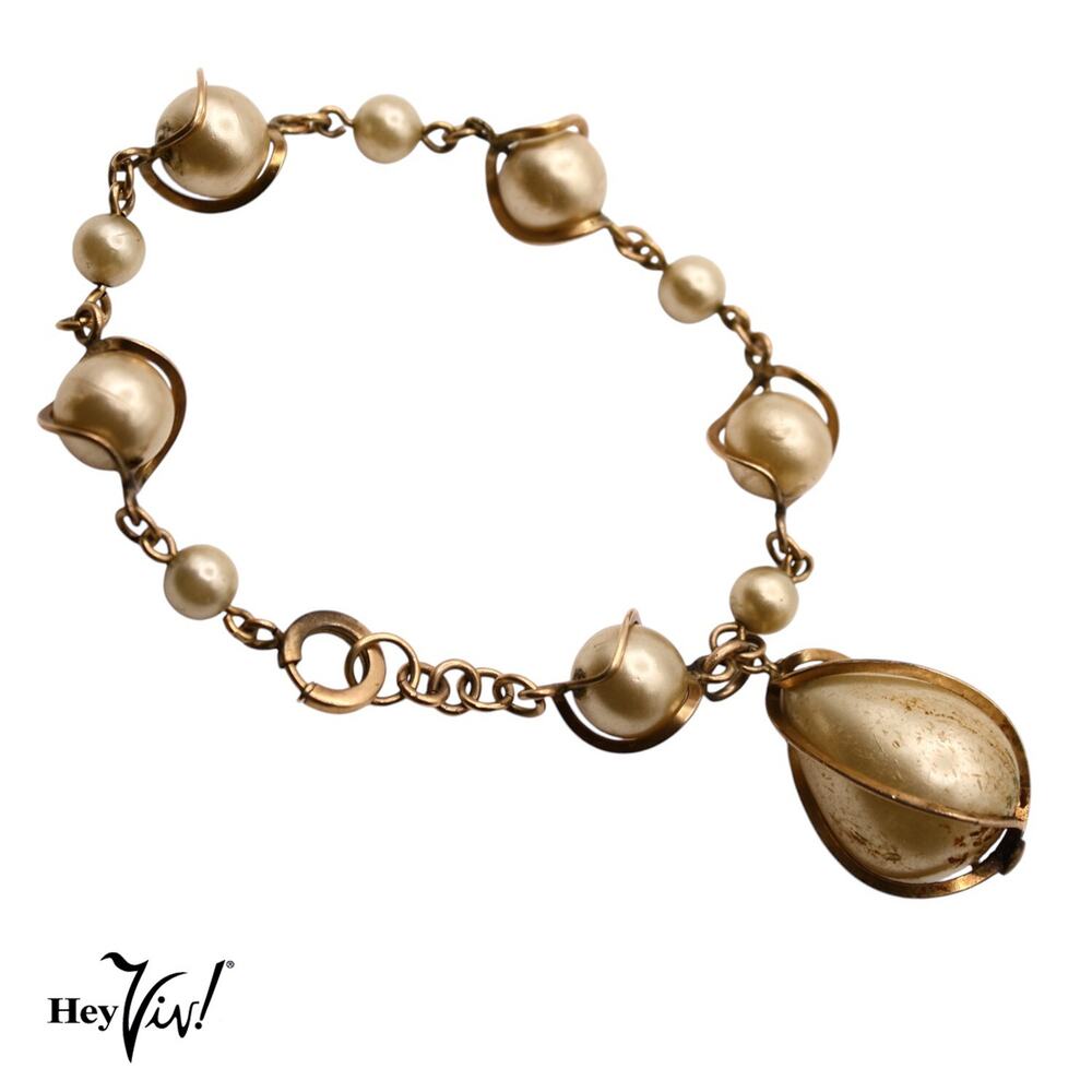 Vintage Faux Pearl Bracelet Gold Tone Wrapped Beads w Dangle Drop 7.5" - Hey Viv